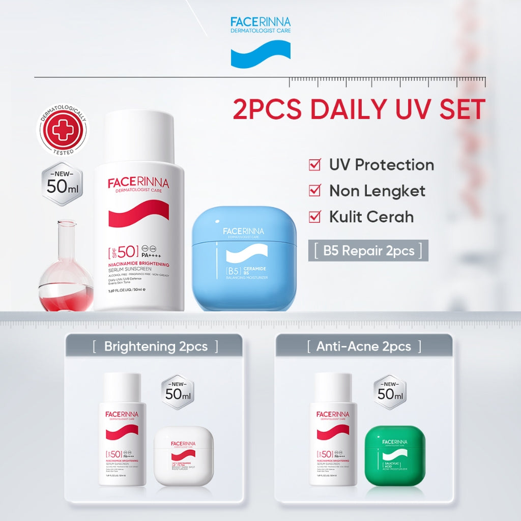 FACERINNA 2pcs Skincare Duo | Moisturizer + Sunscreen | B5 Repair Niacinamide Brightening Proteksi UV Daily UV Defense Physical Sunscreen Menyerap Cepat Mencerahkan Fades Dark Spots Tone Up Cream Sunscreen Wajah Sunblock Kulit Berminyak berjerawat/Sensiti