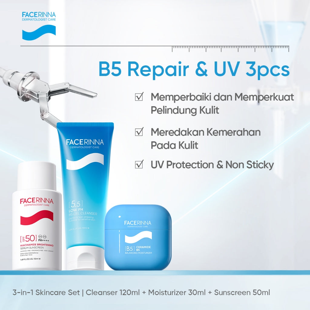 FACERINNA 3pcs Skincare Set | Moisturizer + Cleanser + Sunscreen | Low pH Gentle Panthenol Facial Wash B5 Repair Niacinamide Brightening Salicylic Acid Acne Control Menjaga Skin Barrier Menenangkan kulit kering Hydrating Brightening Exfoliating Sabun Muka