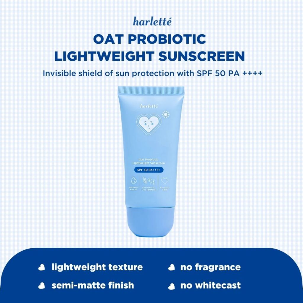 Harlette Oat Probiotic Lightweight Sunscreen SPF 50 PA++++ | Sensitive, Acne Prone, UV Protection, Skin Barrier, Melindungi Wajah dari Sinar Matahari, Berjerawat