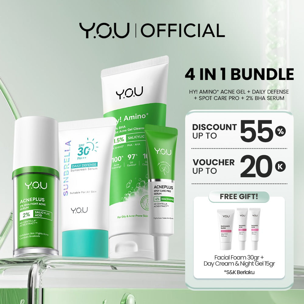 YOU Acneplus 4in1 Bundle Exfoliating Toner, Acne Spot, Serum, Hy! Amino+ 1.5% BHA Fight Acne Gel Cleanser Serum Jerawat Obat Totol Jerawat Paket Skincare