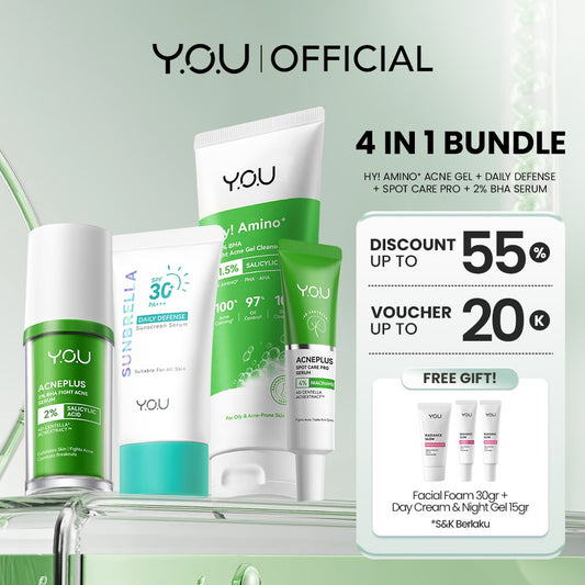YOU Acneplus 4in1 Bundle Exfoliating Toner, Acne Spot, Serum, Hy! Amino+ 1.5% BHA Fight Acne Gel Cleanser Serum Jerawat Obat Totol Jerawat Paket Skincare