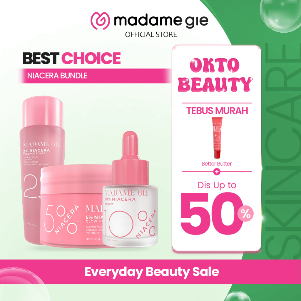 Madame Gie Niacera Bundle All in 1 Skincare Complete Mencerahkan Wajah - Niacera Moisturizer + 10%Niacera Serum + 2%Niacera Essence Serum