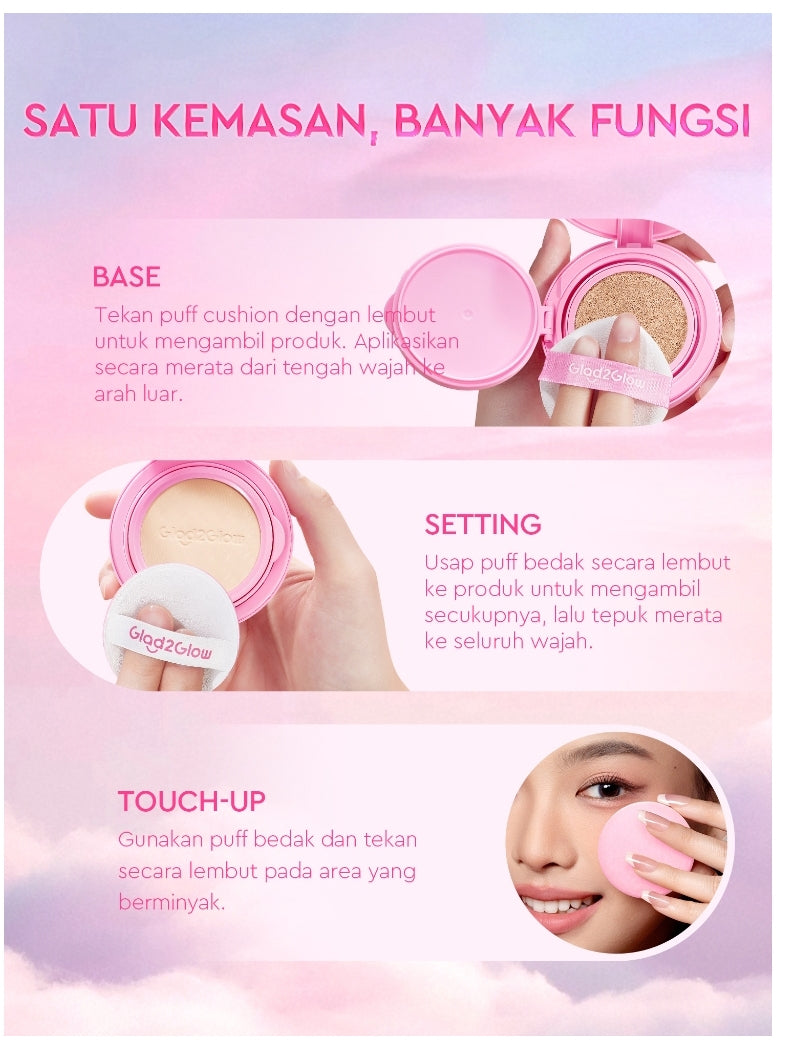 Glad2Glow 2in1 Perfect Pair Cushion Powder Foundation Waterproof Make Up Setting BB Cream Concealer Foundation bedak padat Wajah Extract Mencerahkan Cover Tinggi  long lasting Tahan 12Jam tahan lama Velvet To Matte skin tint wanita g2glow official store