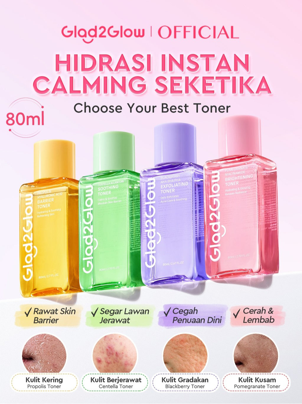 Glad2Glow Toner Complete Series 80ml-Brighten/Acne Toner/Barrier/Exfoliating toner-Skincare toner badan face mist hydrating toner centella toner wajah eksfoliasi water g2g toner hydrating gloglowing brightening exfoliasi glycolic madeca g2g official store
