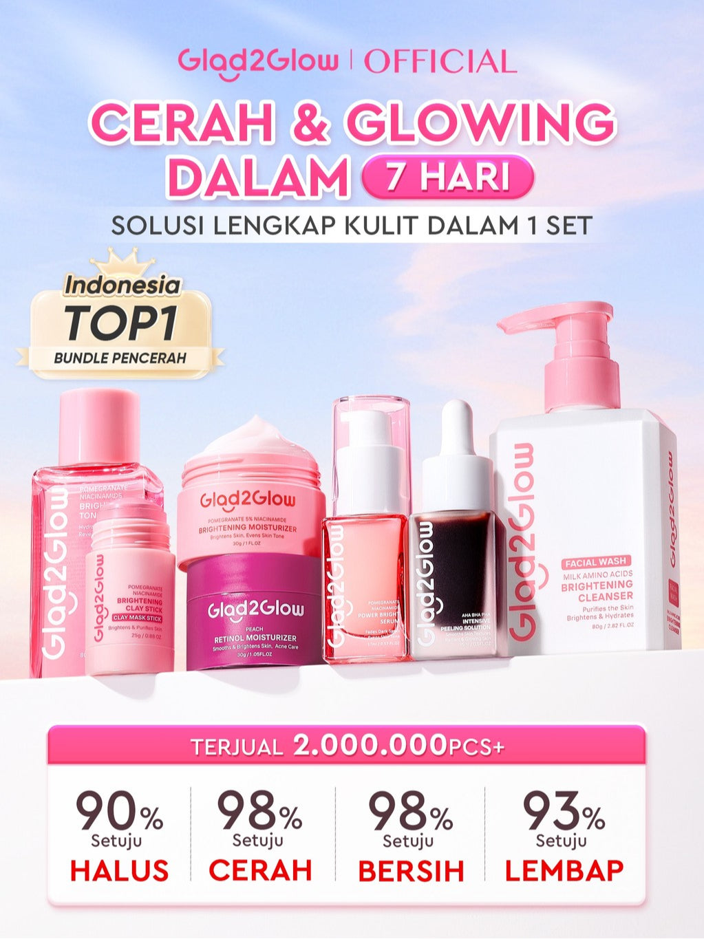 [Cocok Untuk Pemula] Glad2Glow Cerah Glowing Bundle all in 1 7in1-Brightening Moisturizer+Serum+Cleanser+toner+Peeling solution+Retinol 10%Niacinamide skincare paket pembersih perawatan kulit mencerahkan warna kulit pelembab wajah g2glow official store