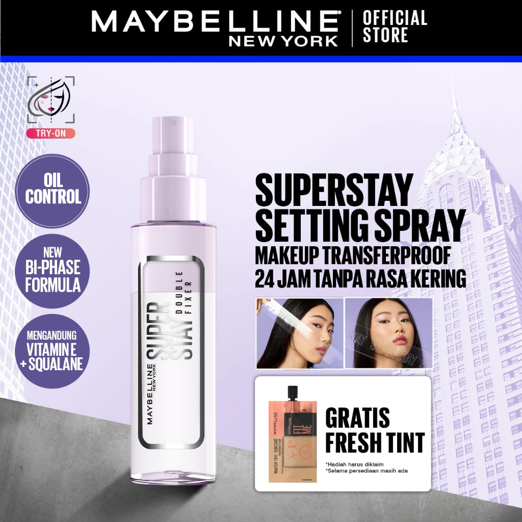 [BARU] MAYBELLINE OFFICIAL Superstay Double Fixer Setting Spray Transferproof Waterproof Oilproof Tahan Air Ringan Hydrating