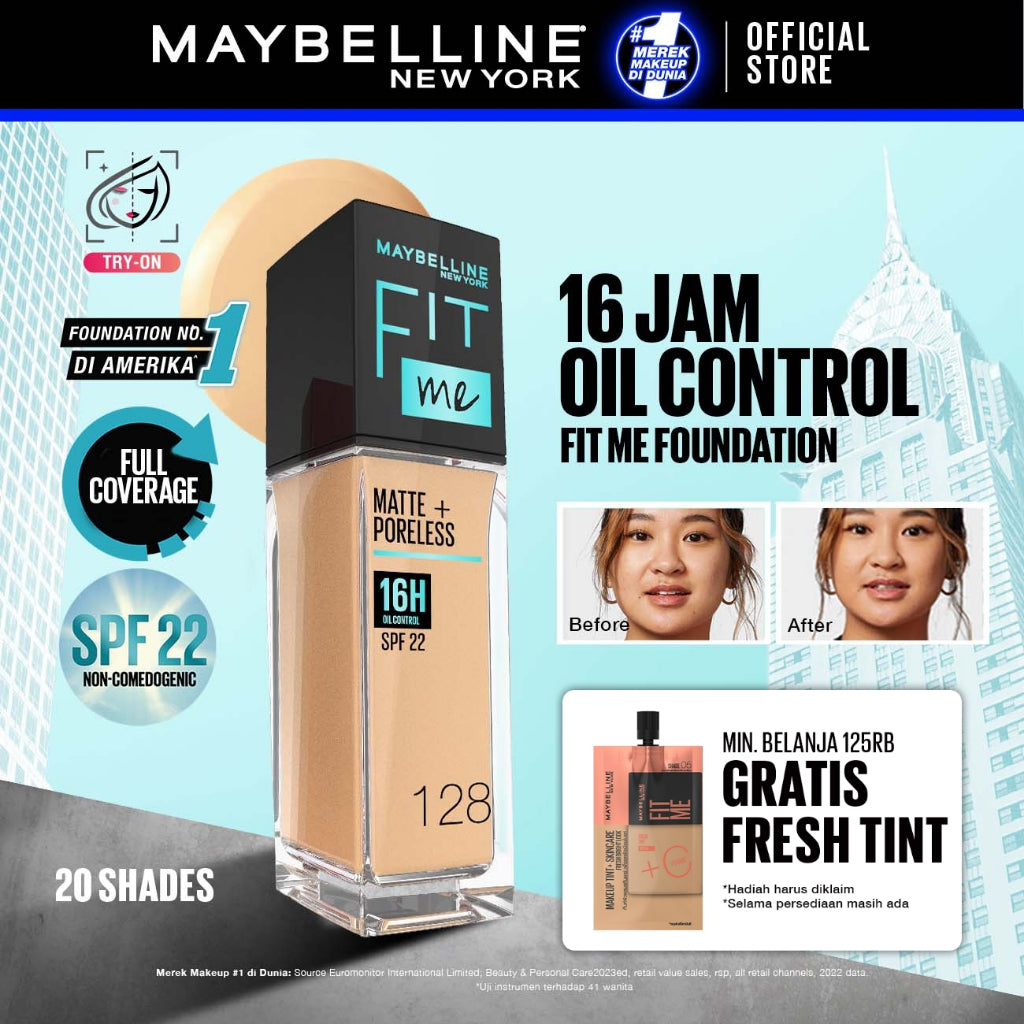 MAYBELLINE OFFICIAL Fit Me Matte + Poreless Liquid Foundation Make Up 30ml SPF 22 Makeup Ringan High Cover 16 Jam Oil Control Cushion Foundation Bedak Padat Cushion Foundation Bedak Padat Concealer BB Cream Foundation Waterproof Skin Tint Fondation