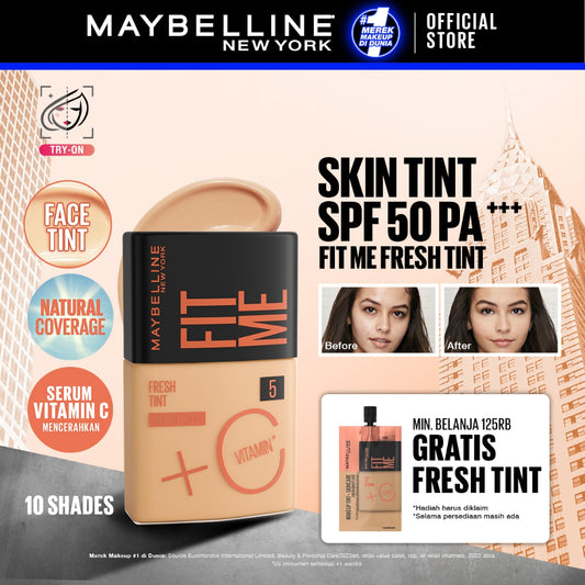 MAYBELLINE OFFICIAL Fit Me Fresh Tint 3 IN 1 30ml Skin Tint Foundation Tinted Sunscreen SPF 50 PA+++ Vitamin C Serum Face Makeup Natural Cushion Foundation Bedak Padat Concealer BB Cream Foundation Waterproof Skin Tint Fondation Sunblock