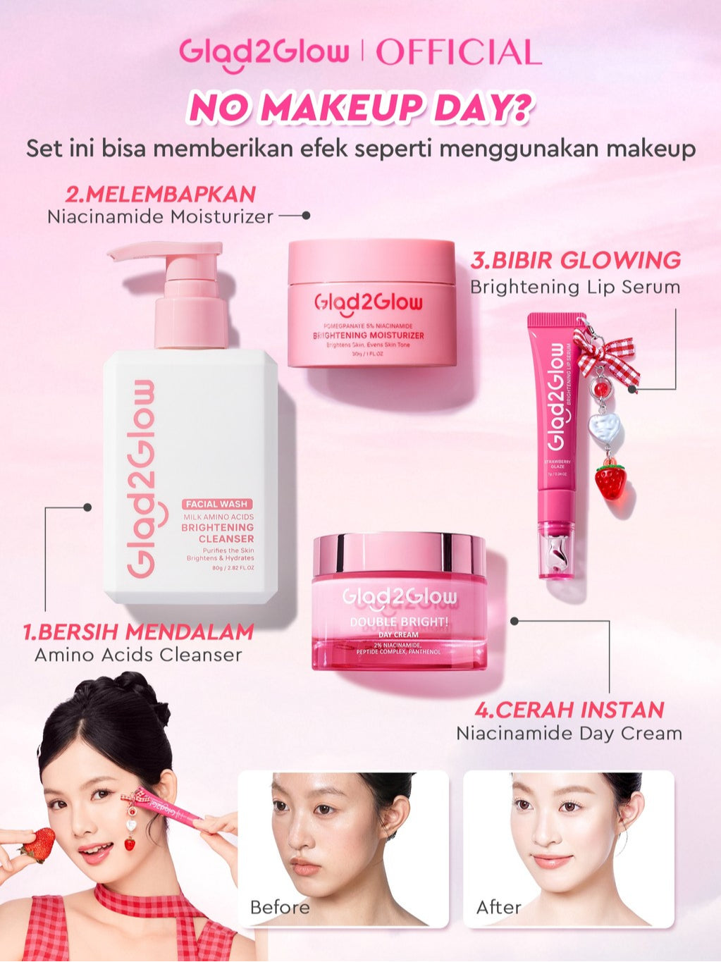 [Cocok Untuk Pemula] Glad2Glow Tone up Set Cerah Glowing  Bundle 4in1-Brightening Moisturizer+Cleanser+day cream+Lip serum+10%Niacinamide skincare paket pembersih perawatan kulit mencerahkan warna kulit pelembab wajah all in 1g2glow official store
