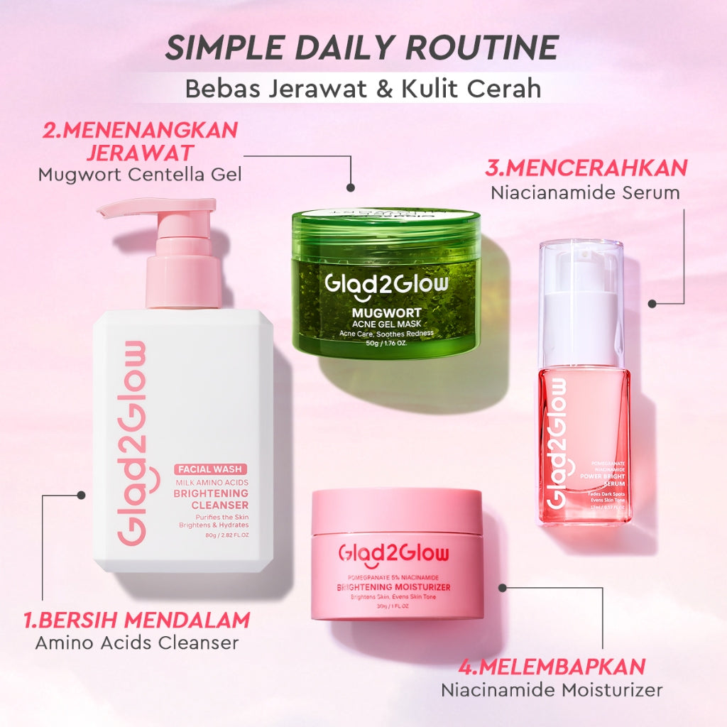 [Cocok Untuk Pemula] Glad2Glow Acne&Cerah Set Glowing  Bundle 4in1-Brightening Moisturizer+Cleanser+Mugwort acne gel mask+10%Niacinamide skincare paket pembersih perawatan kulit mencerahkan warna kulit pelembab wajah all in 1g2glow official store