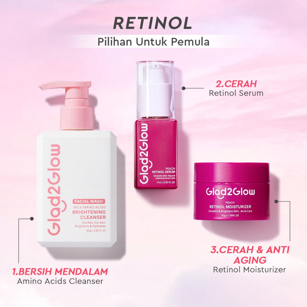 [Cocok Untuk Pemula] Glad2Glow Cerah Retinol Bundle 4in1-Brightening Moisturizer+Serum+Cleanser+toner Retinol  skincare paket pembersih perawatan kulit warna kulit pelembab wajah all in 1g2glow official store