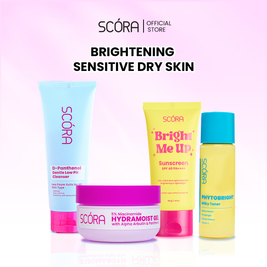 [My Daily Glow Up Set] Scora Bright Me Up Sunscreen 40 Gr + Scora Sheer Glow Tone Up Cream 30 ml + SCORA Moisturizer Gel + SCORA Gentle Low pH Cleanser 100 ML + SCORA Toner 80 ML