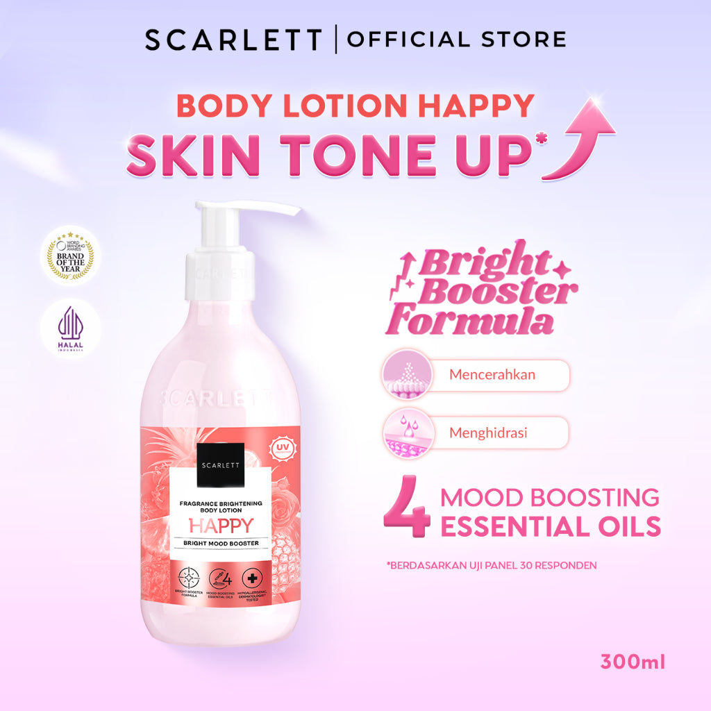 SCARLETT Fragrance Brightening Body Lotion Bright Mood Booster 300ml +4 Essential Oils 3X  Brightening Power | Solusi Untuk Kulit Kering | Menenangkan, Mencerahkan Kulit, Wangi Tahan Seharian