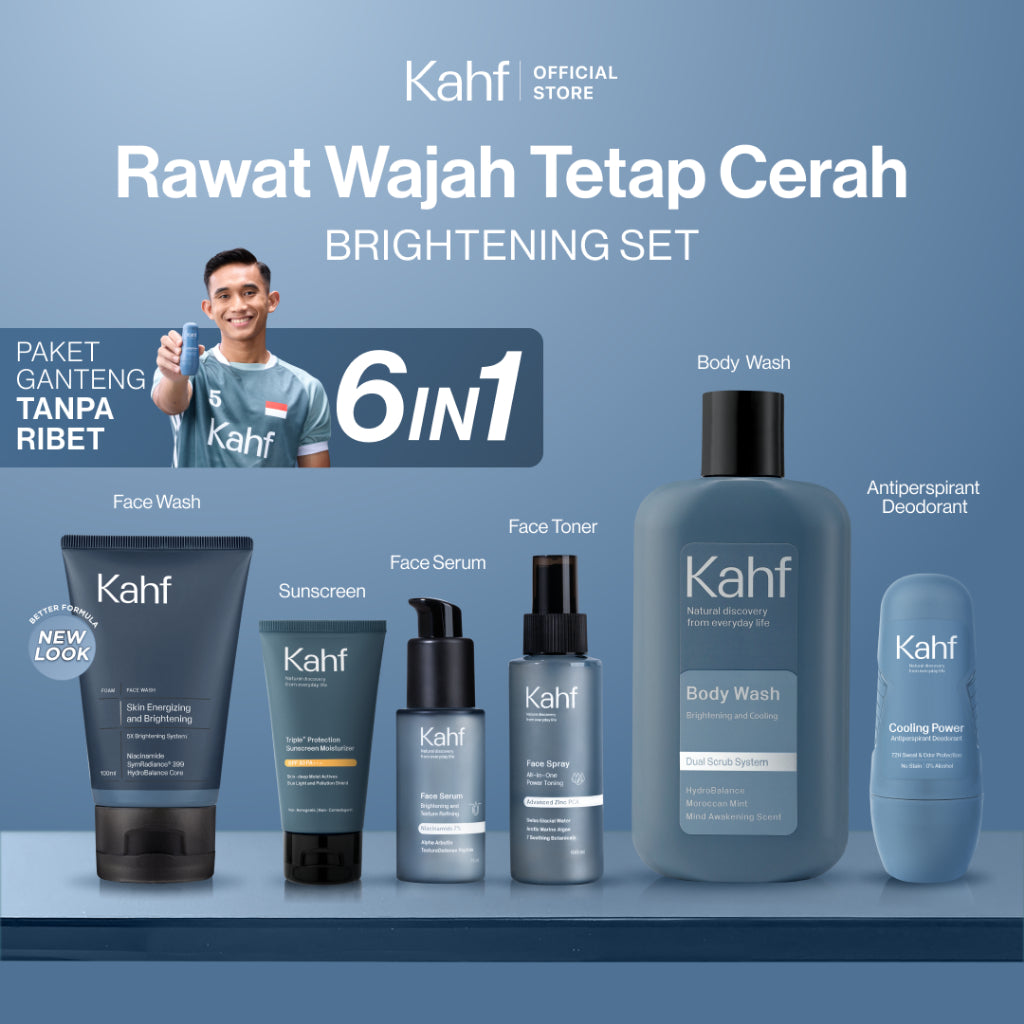 [SPECIAL 11.11 : KAHF BUNDLE 6IN1 PAKET GANTENG TANPA RIBET] Paket Complete Set (Face Wash + Toner + Serum + Sunscreen Moisturizer + Body Wash + Deodorant) - Rawat Wajah Tetap Cerah & Tanpa Jerawat - Suitable for Daily Use