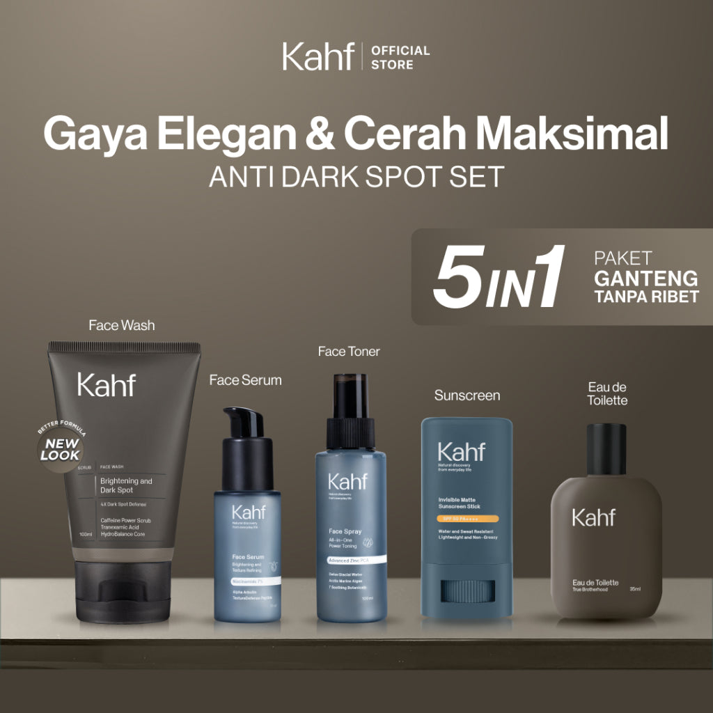 [KAHF BUNDLE 5IN1 PAKET GANTENG TANPA RIBET : GAYA ELEGAN & CERAH MAKSIMAL] Paket Complete Set (Face Wash + Toner + Serum + Sunscreen Stick + Eau de Toilette) - Suitable for Daily Use