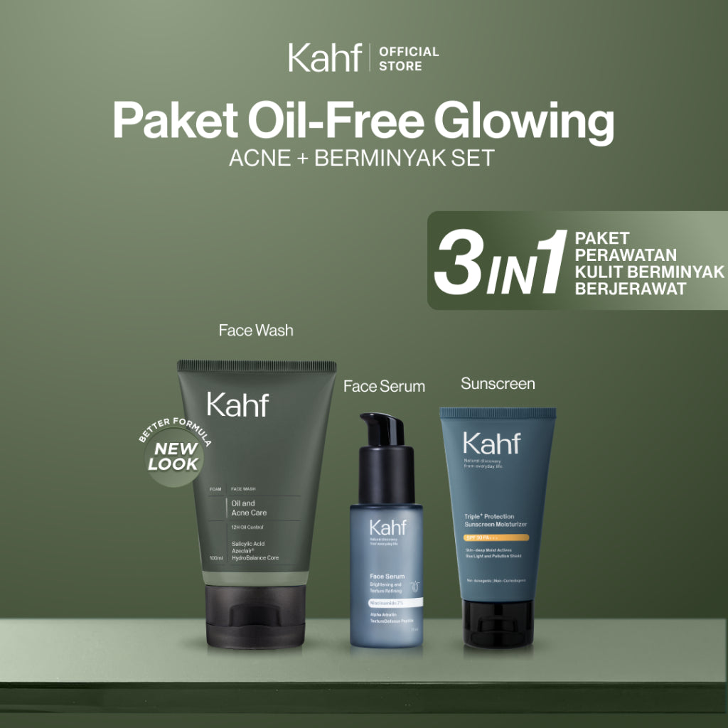 [SPECIAL KAHF DECODE : PAKET PERAWATAN KULIT BERMINYAK BERJERAWAT] Paket Oil-Free Glowing (Face Wash + Serum + Sunscreen) - 3in1 Bundle untuk Membantu Kontrol Minyak, Meredakan Jerawat/Kemerahan, dan Tetap Glowing - Suitable for Daily Use