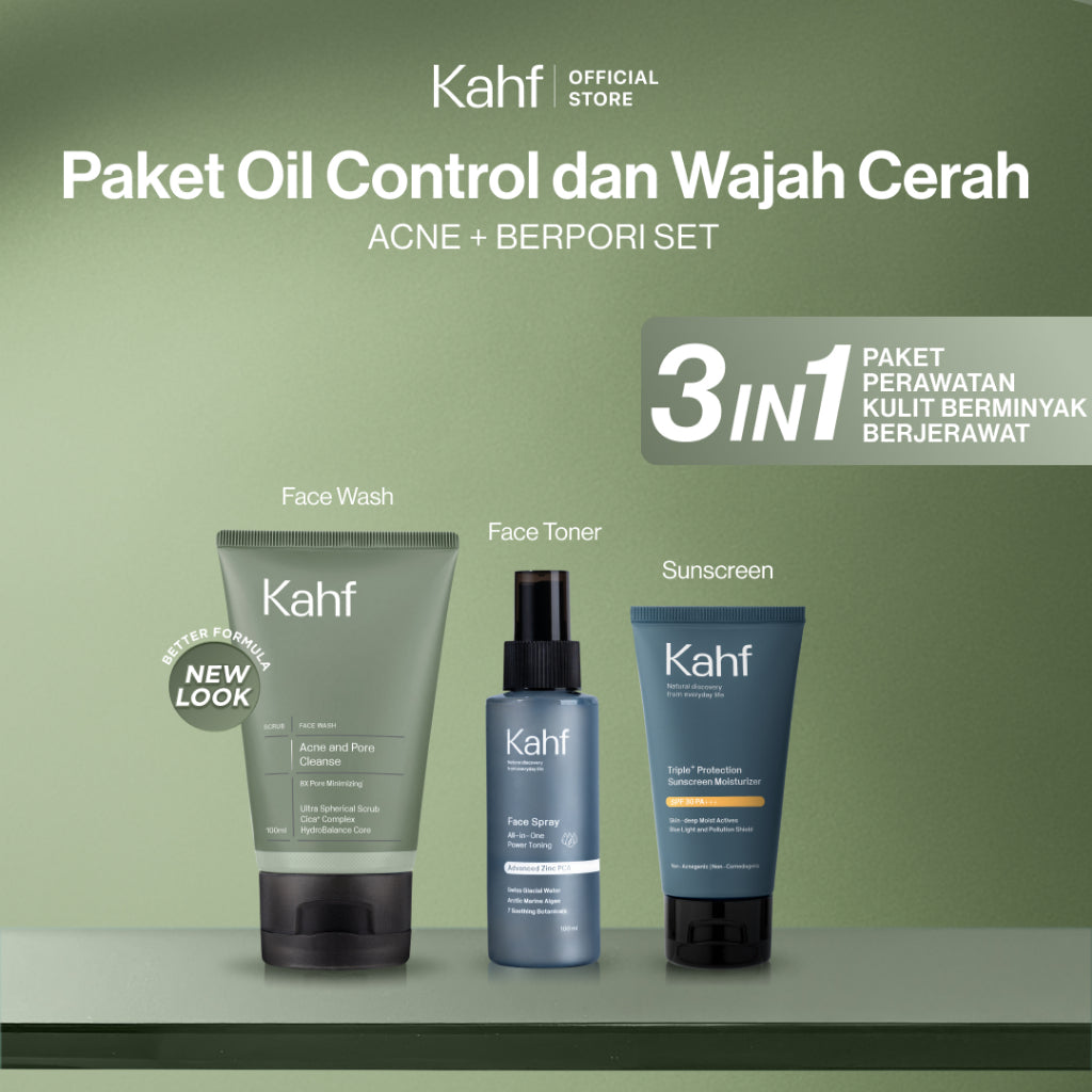 [SPECIAL KAHF DECODE : PAKET PERAWATAN KULIT BERMINYAK BERJERAWAT] Paket Oil Control & Cerah (Face Wash + Toner + Sunscreen) - 3in1 Bundle untuk Membantu Kontrol Minyak, Mencerahkan Wajah, dan Mencegah Flek Hitam - Suitable for Daily Use