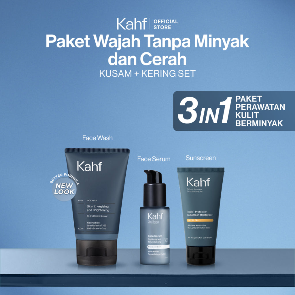 [SPECIAL KAHF DECODE : PAKET PERAWATAN KULIT BERMINYAK] Paket Tanpa Minyak & Cerah (Face Wash + Serum + Sunscreen) - 3in1 Bundle untuk Menjaga Wajah Tetap Cerah Walaupun Kulit Berminyak - Suitable for Daily Use