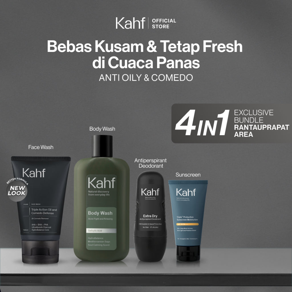[EXCLUSIVE BUNDLE FOR RANTAUPRAPAT AREA] Kahf 4in1 Paket Bebas Kusam & Tetap Fresh di Cuaca Panas (Face Wash + Sunscreen + Deodorant + Body Wash) - Suitable for Daily Use