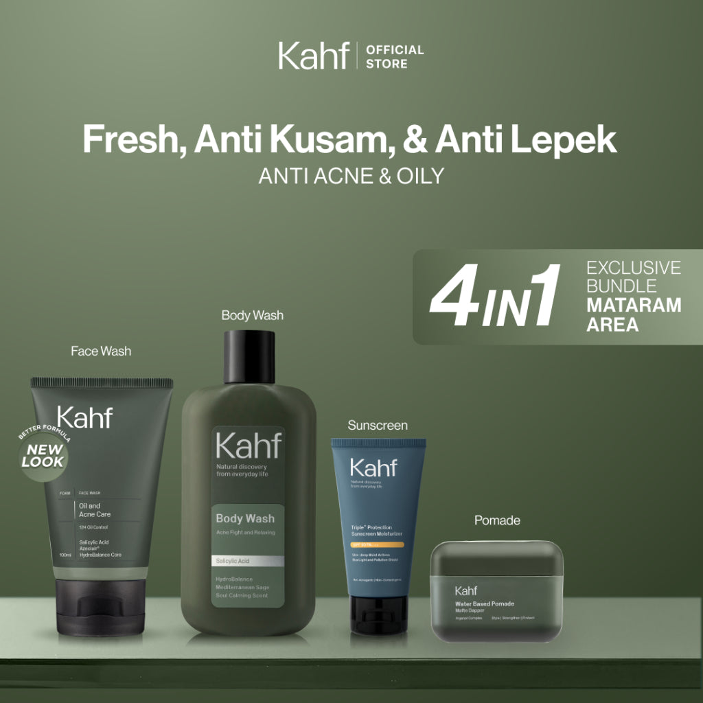 [EXCLUSIVE BUNDLE FOR MATARAM AREA] Kahf 4in1 Paket Paket Fresh, Anti Kusam, & Anti Lepek (Face Wash + Sunscreen + Pomade + Body Wash) - Approved by Barber & Suitable for Daily Use
