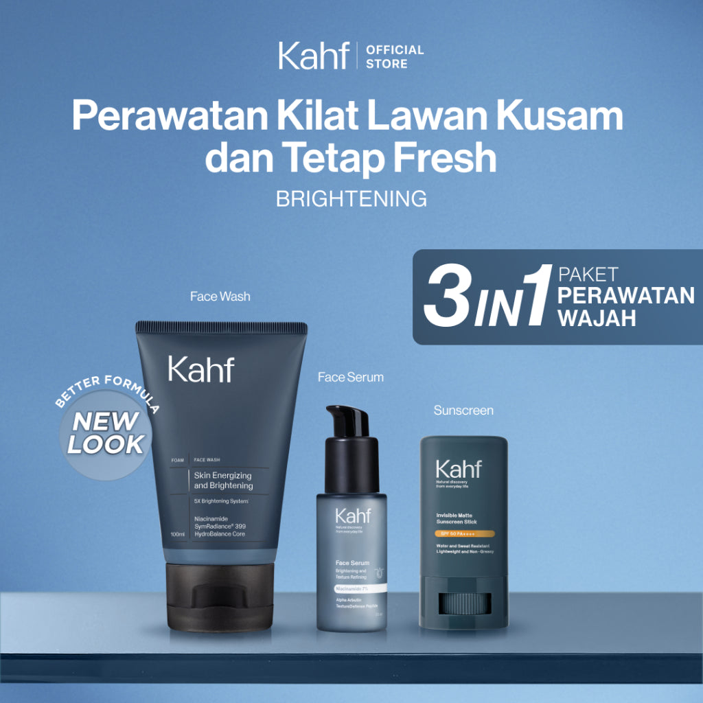 [KAHF BUNDLE 3IN1 PAKET PERAWATAN WAJAH : SKINCARE HEMAT WAKTU UNTUK COWOK YANG MAU BEBAS KUSAM] Paket Perawatan Kilat Lawan Kusam & Tetap Fresh (Face Wash + Serum + Sunscreen Stick) - Suitable for Daily Use