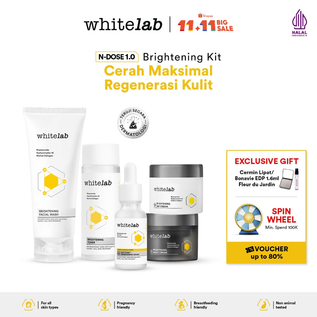 Whitelab Paket Wajah Brightening Niacinamide Facial Wash, Toner, Serum, Day & Night Moisturizer - 5 pcs N-Dose+ 2.0 Skincare