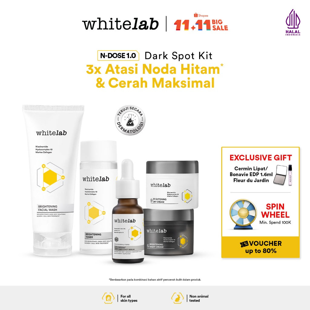 Whitelab Paket Wajah Brightening Niacinamide Facial Wash, Toner, Serum, Day & Night Moisturizer - 5 pcs N-Dose+ 2.0 Skincare