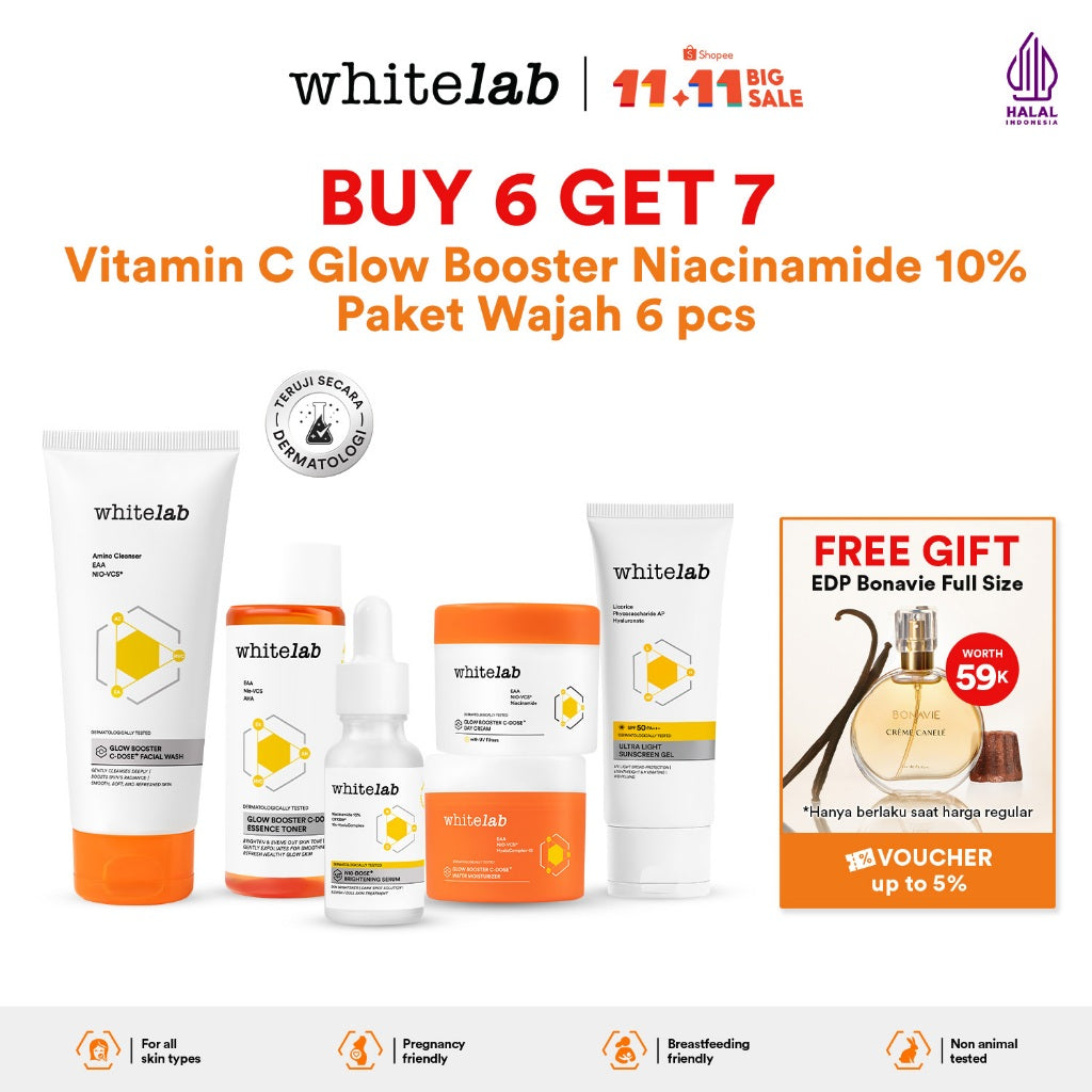 Whitelab 6 pcs Glow Booster C-Dose+ Brightening Paket Wajah - Facial Wash, Toner, Serum, Moisturizer, Sunscreen Paket Skincare
