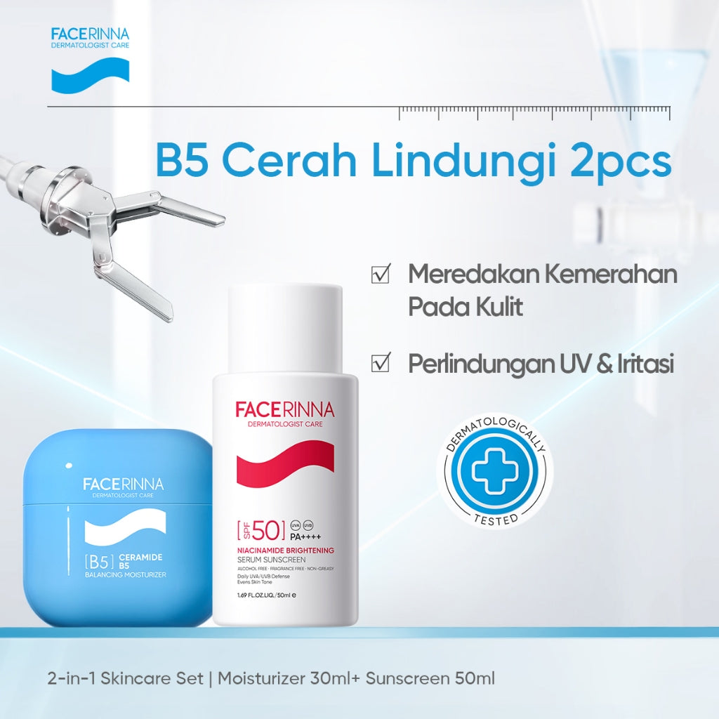 FACERINNA 2pcs Skincare Duo | Moisturizer + Sunscreen | B5 Repair Niacinamide Brightening Proteksi UV Daily UV Defense Physical Sunscreen Menyerap Cepat Mencerahkan Fades Dark Spots Tone Up Cream Sunscreen Wajah Sunblock Kulit Berminyak berjerawat/Sensiti