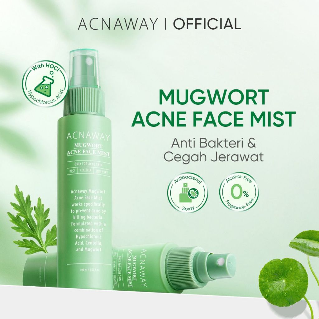 ACNAWAY Mugwort Acne Face Mist Spray – Antiseptik Wajah Jerawat dengan HOCl + Centella + Mugwort | Mencegah Breakout, Redakan Kemerahan, Melembabkan | Face Mist Anti Bakteri untuk Wajah Berjerawat & Sensitif
