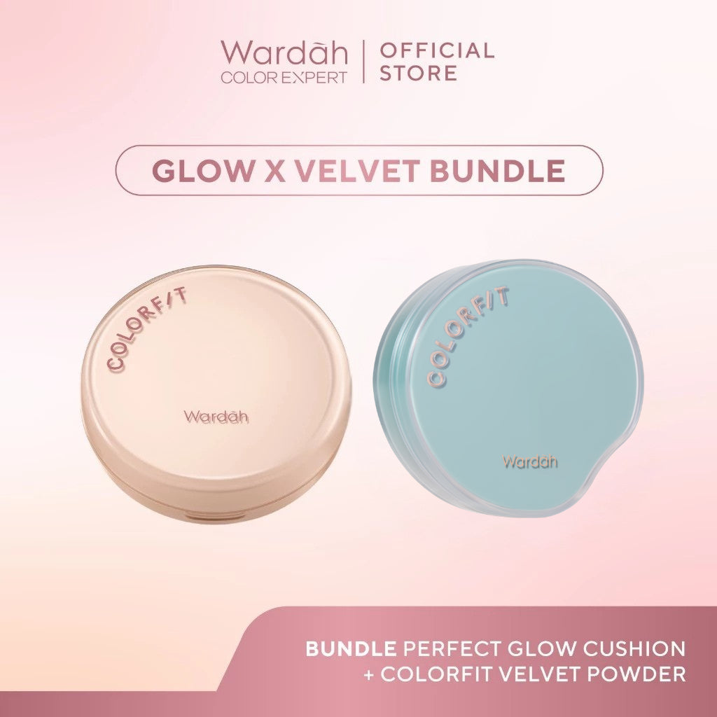Wardah Bundle Colorfit Perfect Glow Cushion + Velvet Powder Foundation - Cushion & Bedak Glowing Tahan Lama - Bedak Padat - Bedak Tahan Air dan Keringat - Makeup