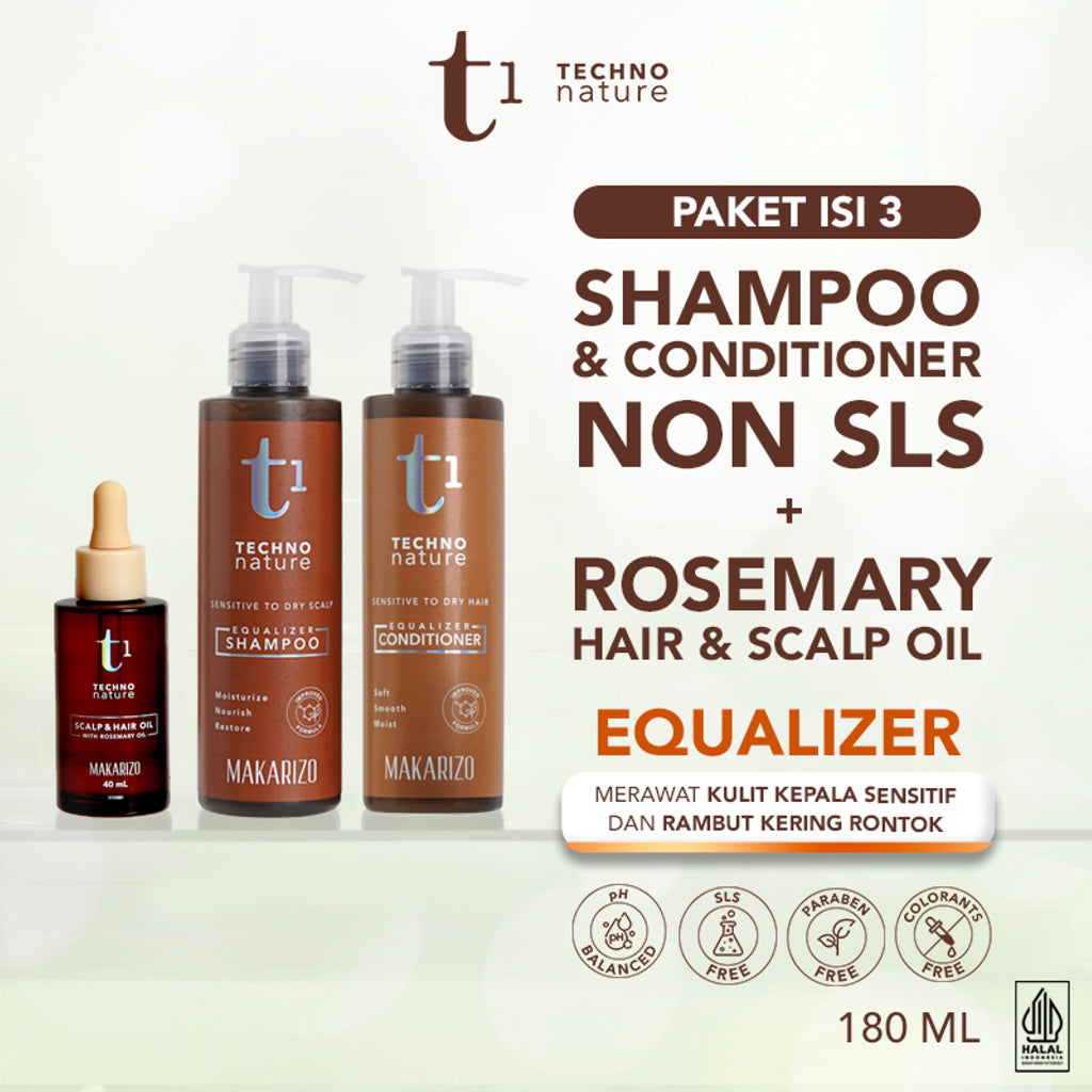 PAKET ISI 3 - Makarizo T1 Techno Nature Equalizer Shampoo & Conditioner 180 mL + Rosemary Scalp & Hair Oil 40mL