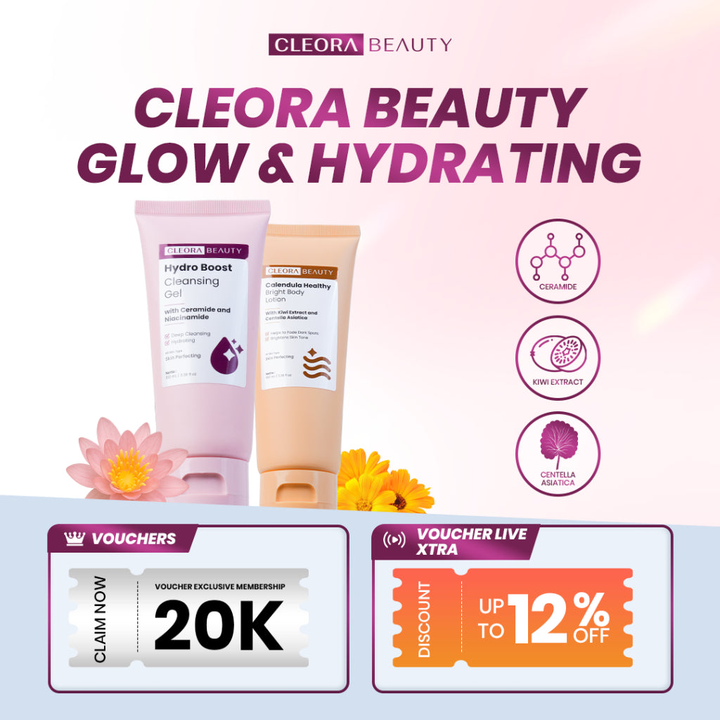 [2IN1 COMBO] Cleora Paket Glow & Hydrating - Calendula Body Lotion Dan Cleora Hydro Boost Cleansing Gel Skincare Wanita Pria Handbody Brightening Memudarkan Bekas Luka Eksim Butter Pemutih Facial Wash Sabun Cuci Muka Pembersih Wajah Cleanser Pencuci Face