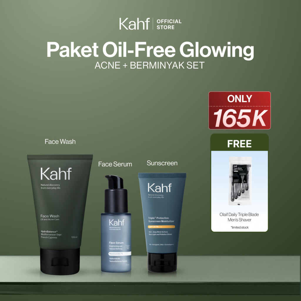 [SPECIAL KAHF DECODE : PAKET PERAWATAN KULIT BERMINYAK BERJERAWAT] Paket Oil-Free Glowing (Face Wash + Serum + Sunscreen) - 3in1 Bundle untuk Membantu Kontrol Minyak, Meredakan Jerawat/Kemerahan, dan Tetap Glowing - Suitable for Daily Use