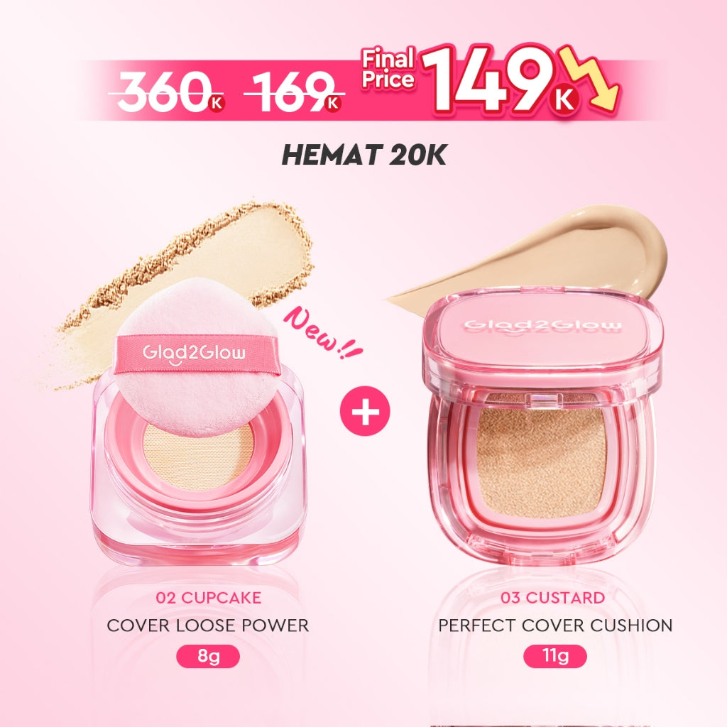 Glad2Glow 2lN1 VELVET MAKEUP SET-LOOSE POWDER+CUSHION Coverage Tinggi Second Skin Flawless Semi Matte Transferproof Tahan Lama instan Blurring Minyak Extract Air Blurry Technology