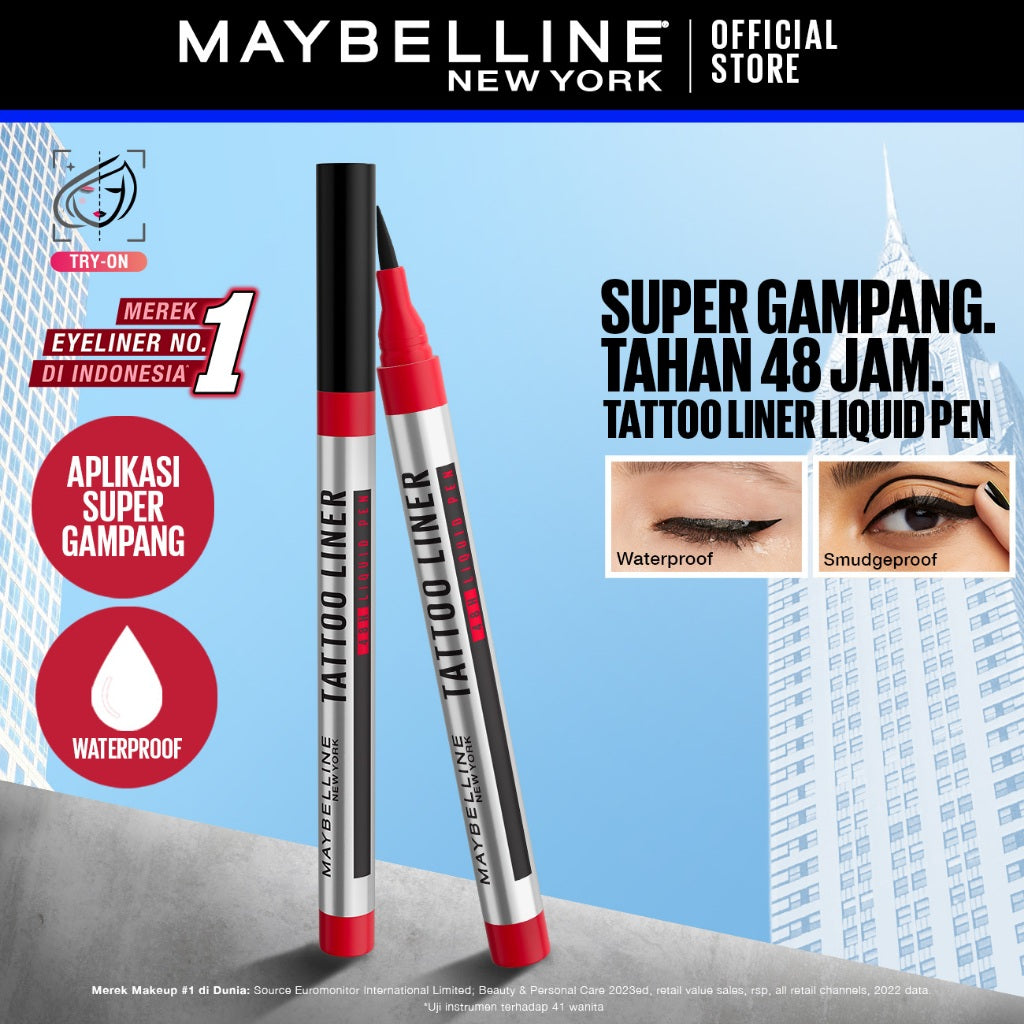MAYBELLINE OFFICIAL Tattoo Liner 48H Liquid Pen Eyeliner Waterproof Make up Line Tattoo High Impact Tahan Lama 48 Jam Hitam Superstay Matte Vinyl Ink