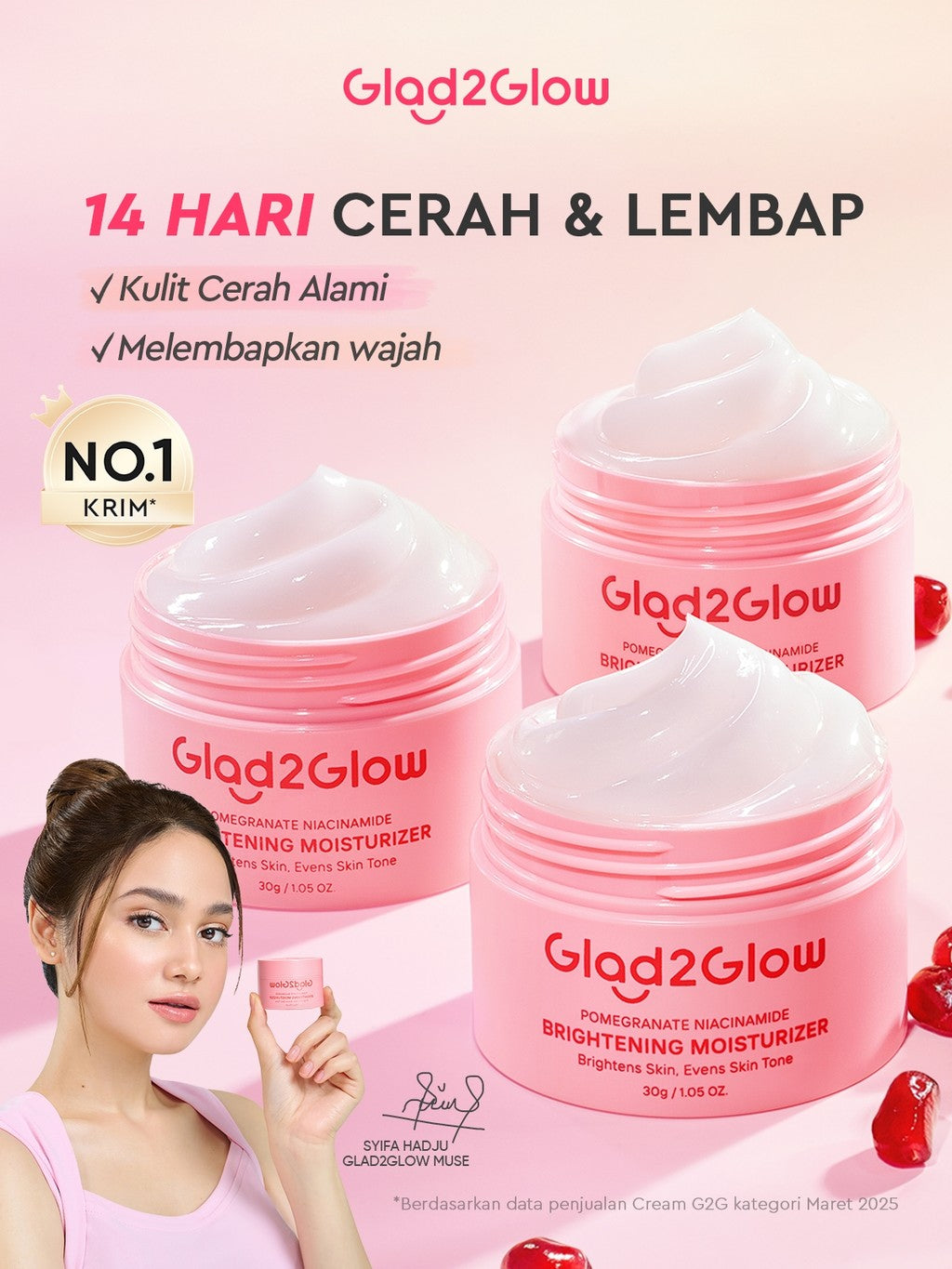 Glad2Glow Pomegranate Niacinamide Brightening Moisturizer Mencerahkan Pemutih Kulit Gel Pelembab Bercahaya Krim Siang dan Malam Perawatan Kulit Ekstrak Delima Asam Lemak Asam Delima Pelembab Esensi Wajah Perawatan Kulit  Pembersih  g2glow official store