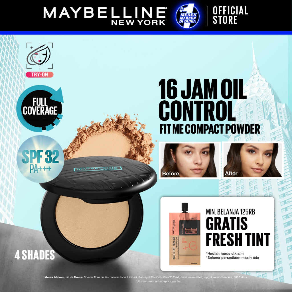 MAYBELLINE OFFICIAL Fit Me Matte + Poreless 16 Jam Oil Control Compact Powder SPF 32 PA+++ Make Up Bedak Padat bebas minyak tahan 16 Jam bedak tabur Makeup Cushion Foundation Bedak Padat Concealer BB Cream Foundation Waterproof Skin Tint Fondation