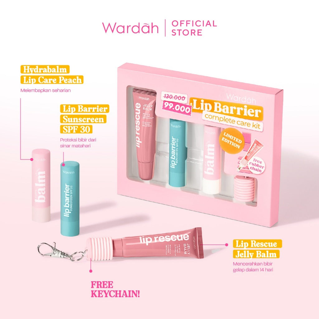 [LIMITED EDITION: 99K GET 4!] WARDAH Paket Lip Care - Hydrabalm Lip Care Peach Blossom, Lip Barrier Sunscreen SPF 30 PA+++, Lip Rescue Jelly Balm Dusty Rose FREE Rubber Keychain + BOX - Bundle Hadiah - Bundle Gifting - Bundle Self Care - Makeup