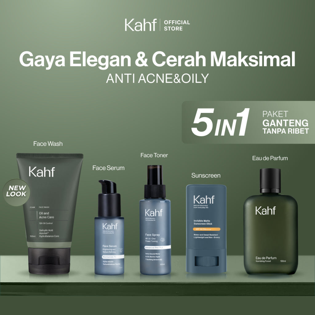[KAHF BUNDLE 5IN1 PAKET GANTENG TANPA RIBET : GAYA ELEGAN & CERAH MAKSIMAL] Paket Complete Set (Face Wash + Toner + Serum + Sunscreen Stick + Eau de Toilette) - Suitable for Daily Use