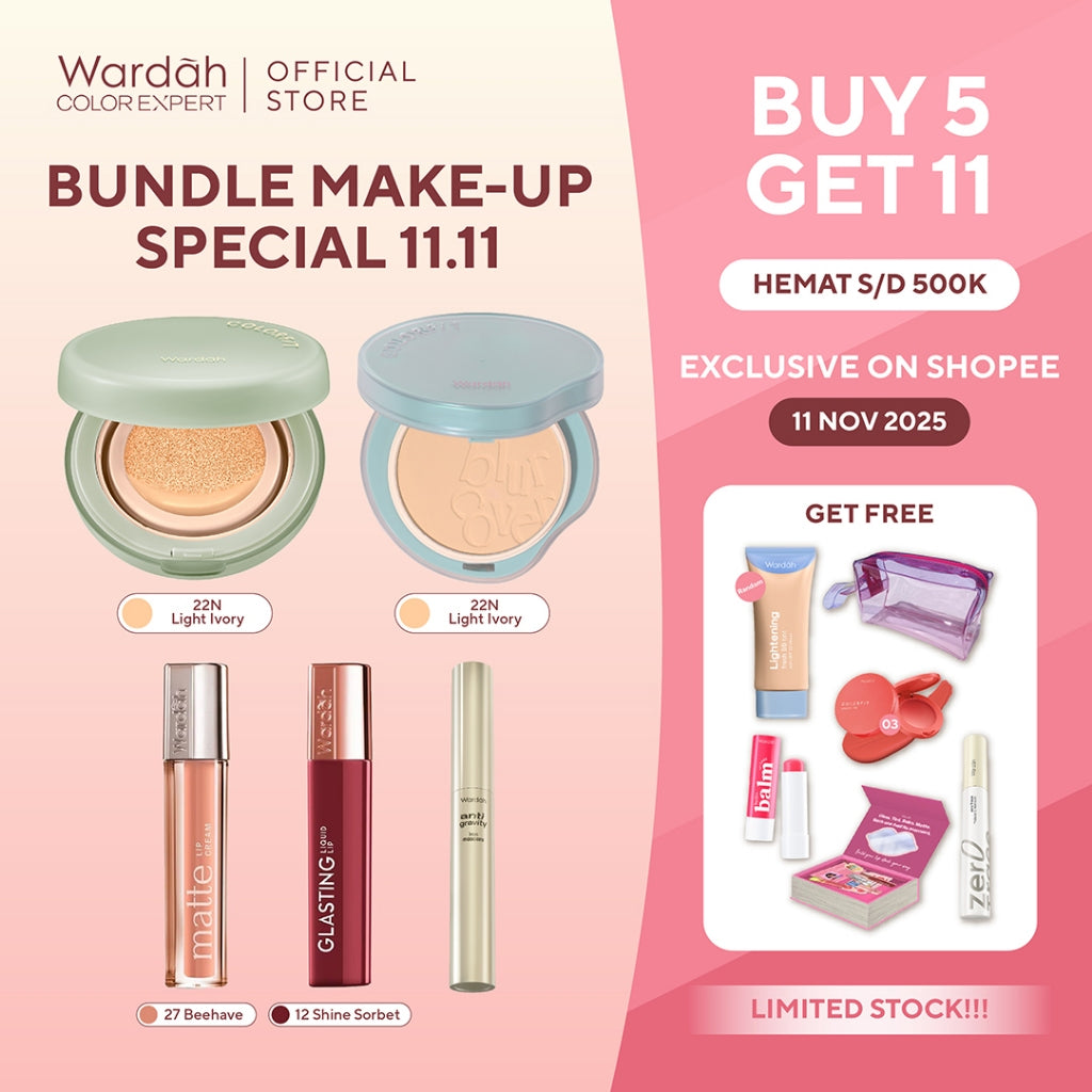 [SPECIAL 11.11: BUY 5 GET 11] WARDAH Paket Lengkap Hemat 500RB! Perfect Glow &  5D Blur Cloud Cushion, Hi-Impact &  Anti-Gravity Iron Mascara, Glasting Liquid Lip, Velvet Powder Foundation, Matte Lip Cream,  Spray-On Serum, Tone Up Sunscreen - Makeup