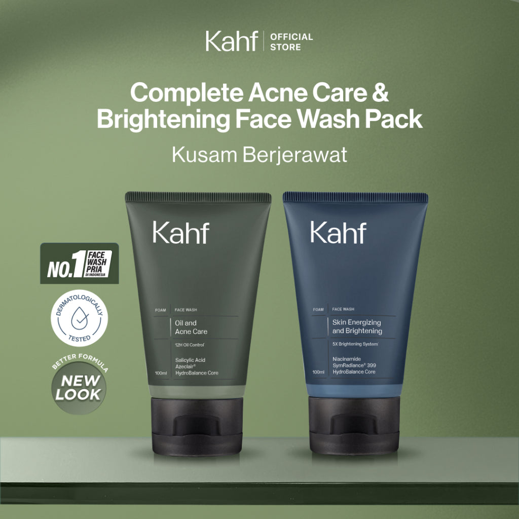 [SPECIAL 11.11 : B2G5 - KAHF BUNDLE 2IN1 PAKET FACIAL WASH] Complete Acne Care & Brightening Face Wash Pack 100 ml isi 2 pcs - Wajah Glowing, Cerah, Anti Ketarik, & Bebas Kusam - Bundle Perawatan Wajah Pria - Kombinasi Sabun Cuci Muka Sesuai Kondisi Kulit