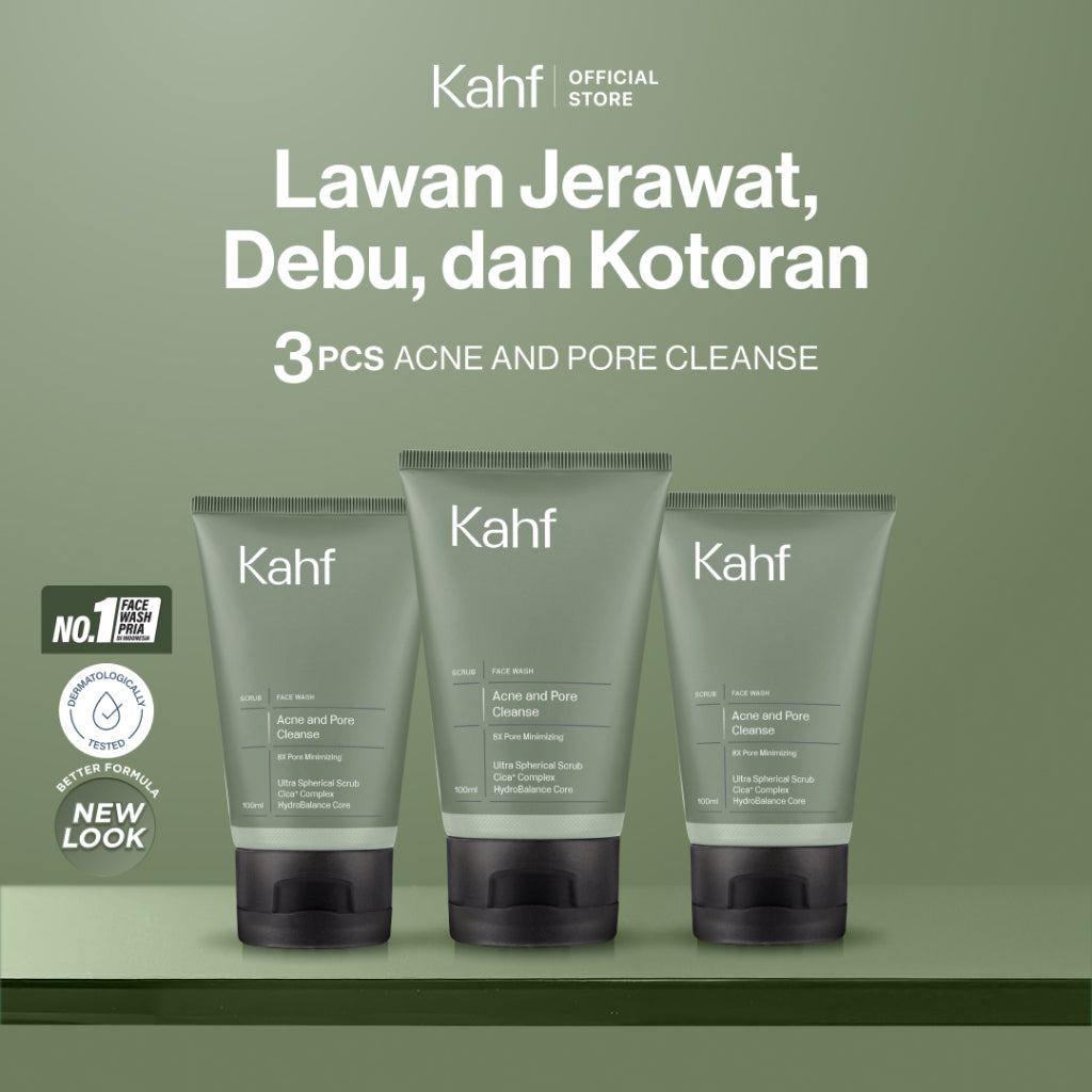 [SPECIAL 11.11 : B3G4 - KAHF BUNDLE 3IN1 PAKET FACIAL WASH] Triple Pack Face Wash 100 ml - Sabun Cuci Muka Pria Brightening, Acne, Oily, Comedo, Sensitive Skin - Wajah Glowing, Jerawat Hilang, Bebas Minyak - Gentle Cleanser Low pH for Daily Use