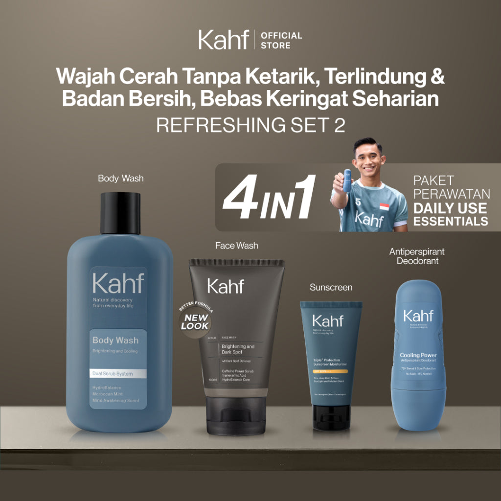 [SPECIAL 11.11 : KAHF BUNDLE 4IN1 PAKET PERAWATAN DAILY USE ESSENTIALS] Paket Personal Care (Face Wash + Sunscreen Moisturizer + Body Wash + Deodorant) - Wajah Cerah Tanpa Ketarik, Terlindungi, Badan Bersih, & Bebas Keringat - Suitable for Daily Use