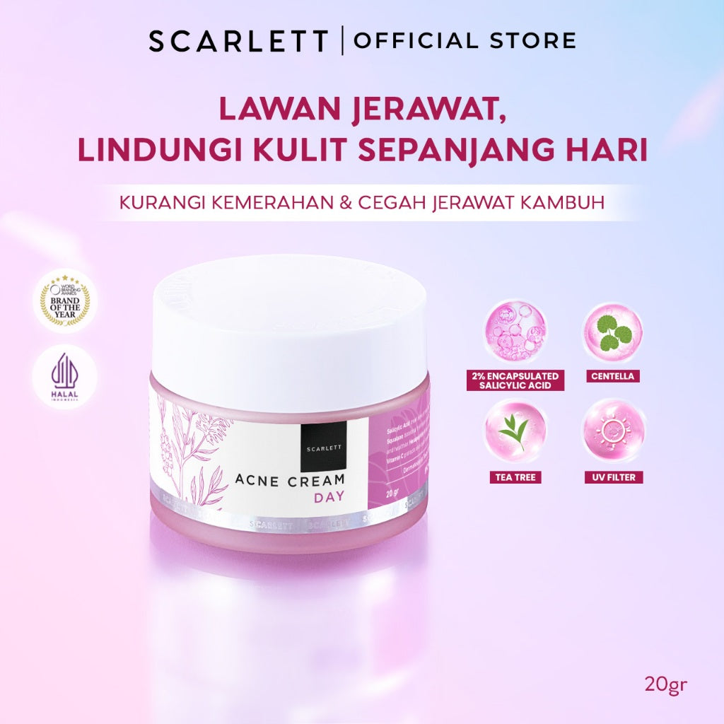 Scarlett Whitening Acne Day Cream - Krim Pagi Penghilang & Perawatan Jerawat Ampuh Atasi Hingga Bekasnya with Double Action Salicylic Acid tanpa Bikin Kulit Iritasi