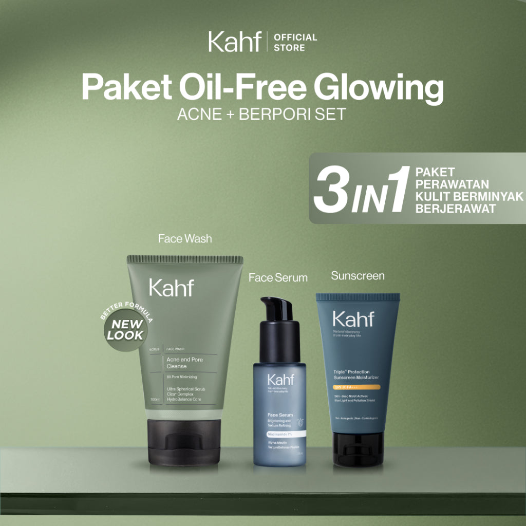 [SPECIAL KAHF DECODE : PAKET PERAWATAN KULIT BERMINYAK BERJERAWAT] Paket Oil-Free Glowing (Face Wash + Serum + Sunscreen) - 3in1 Bundle untuk Membantu Kontrol Minyak, Meredakan Jerawat/Kemerahan, dan Tetap Glowing - Suitable for Daily Use