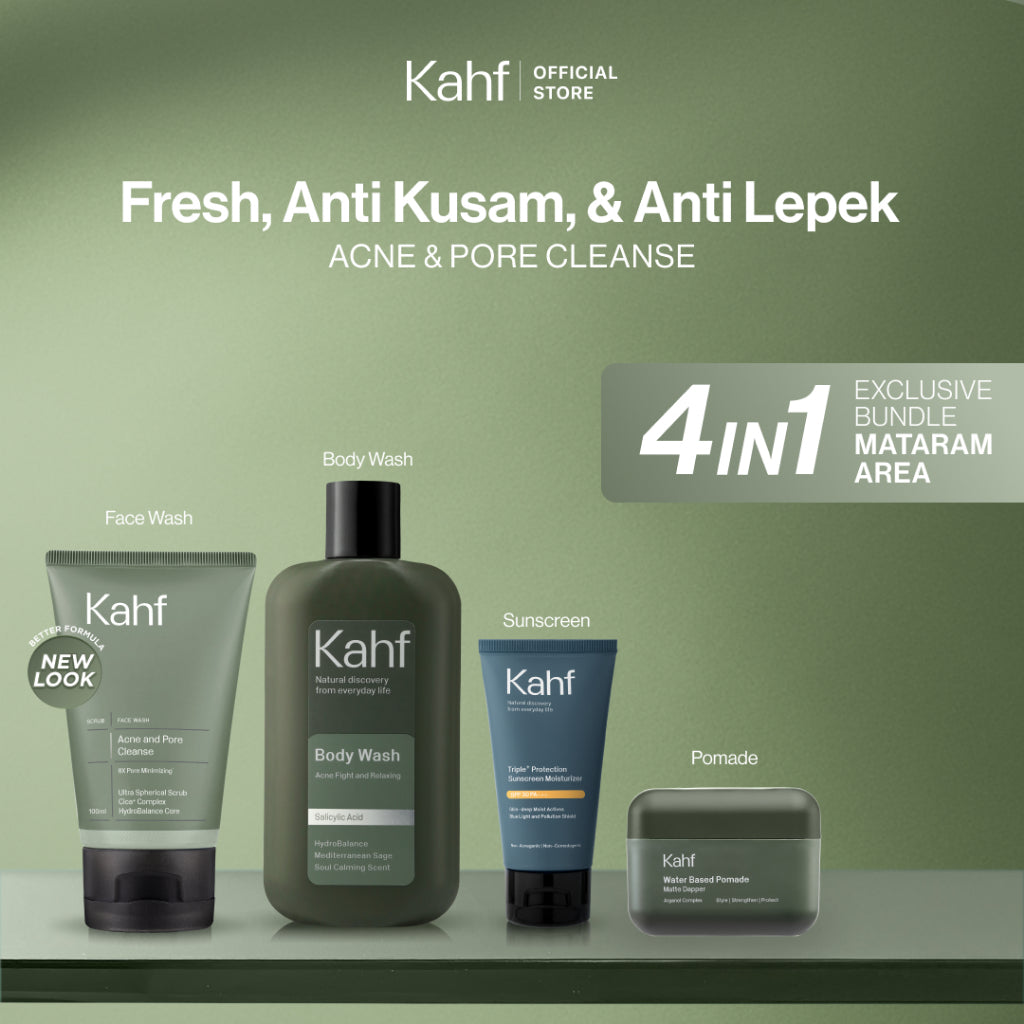 [EXCLUSIVE BUNDLE FOR MATARAM AREA] Kahf 4in1 Paket Paket Fresh, Anti Kusam, & Anti Lepek (Face Wash + Sunscreen + Pomade + Body Wash) - Approved by Barber & Suitable for Daily Use