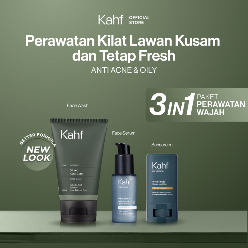 [KAHF BUNDLE 3IN1 PAKET PERAWATAN WAJAH : SKINCARE HEMAT WAKTU UNTUK COWOK YANG MAU BEBAS KUSAM] Paket Perawatan Kilat Lawan Kusam & Tetap Fresh (Face Wash + Serum + Sunscreen Stick) - Suitable for Daily Use