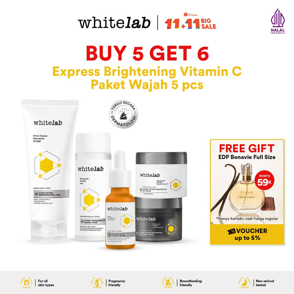Whitelab Paket Wajah Brightening Niacinamide Facial Wash, Toner, Serum, Day & Night Moisturizer - 5 pcs N-Dose+ 2.0 Skincare