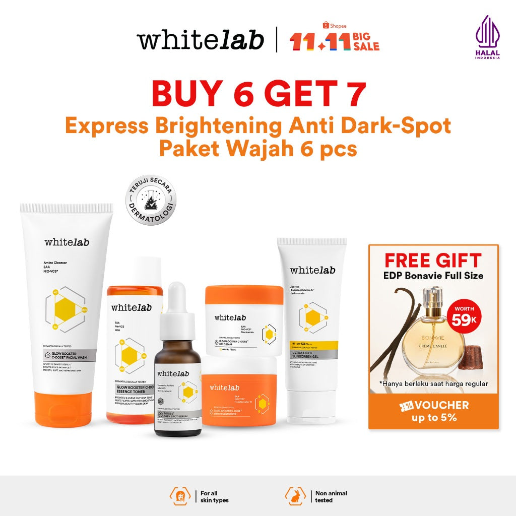 Whitelab 6 pcs Glow Booster C-Dose+ Brightening Paket Wajah - Facial Wash, Toner, Serum, Moisturizer, Sunscreen Paket Skincare